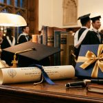 Promoce na vysoké škole s diplomem, čepicí a dárkem