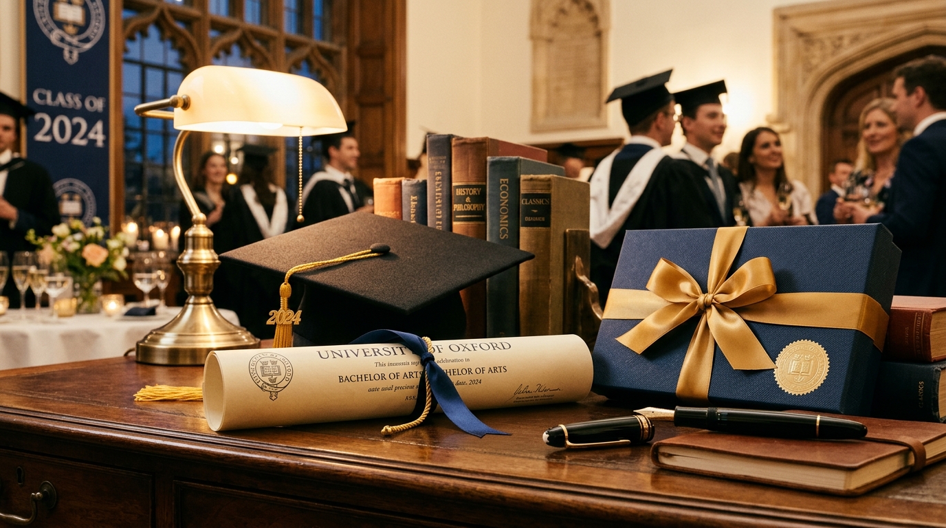 Promoce na vysoké škole s diplomem, čepicí a dárkem